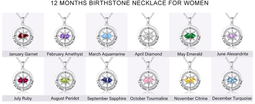 Exquisite Silver Double Birthstone Necklace Jewelry ‘I'd be Lost Without You’ Compass Birthstones Necklace Anniversary Birthday Gift for Wife Her B0GRGDWLWL