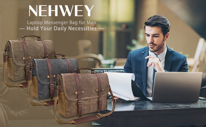 Mens Messenger Bag 15.6 Inch Waterproof Vintage Genuine Leather Waxed Canvas Briefcase Large Leather Computer Laptop Bag Rugged Satchel Shoulder Bag, Brown