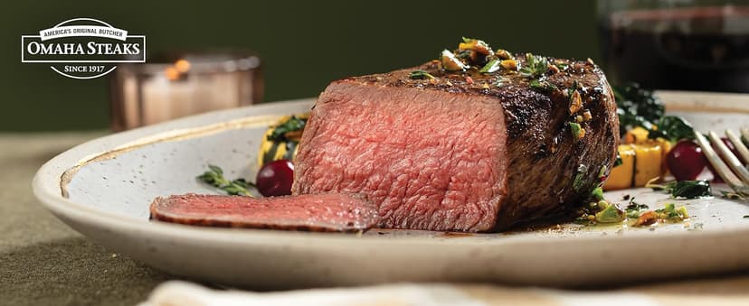 Omaha Steaks Deluxe Gift Package (4 Bacon-Wrapped Filet Mignons, 4 Steak Burgers, 4 Gourmet Jumbo Franks, 4 Potatoes au Gratin, 4 Caramel Apple Tartlets, 1 jar Omaha Steaks Seasoning)