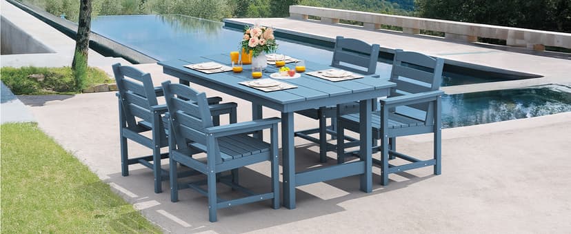SERWALL 7-Piece Patio Dining Table Sets, Outdoor HDPE Dining Furniture Set with Umbrella Hole Cut-Out Table and 6 Chairs, Blue