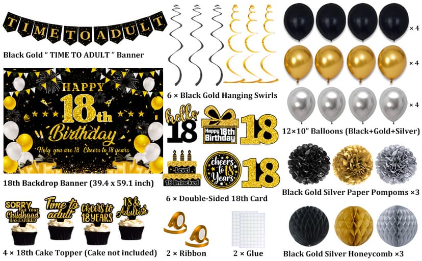 18th Birthday Decorations for Boys Girls, Black Gold Happy 18th Birthday Party Decorations, Time To Adult Birthday Banner, Backdrop, Balloons, Hanging Swirls, BIrthday Cards, Cake Topper, Pompom 52pcs