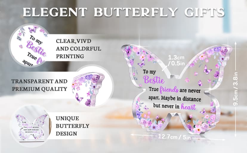 Bestie Best Friend Friendship Gifts for Women, Unique Purple Butterfly Acrylic Plaque Desk Decor, Bestie Best Friend Birthday Gifts for Women Friendship for Bff Bestfriend, 5 x 3.8 x 0.5 inches