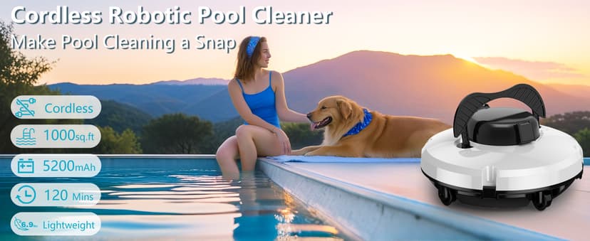 GMAPLAE Cordless Pool Vacuum for Above Ground Pool, Robotic Pool Cleaner with Dual Motors Strong Suction, 120 Mins Runtime, Auto-Parking, Pool Cleaner Robot for Inground Flat Pools Up to 1000 Sq.Ft