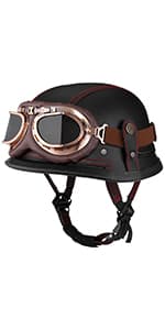 Yesmotor Motorcycle Half Helmet Retro German Handmade Leather Half Face Quick Release Buckle & Goggles - DOT Approved (Dark Brown, L)