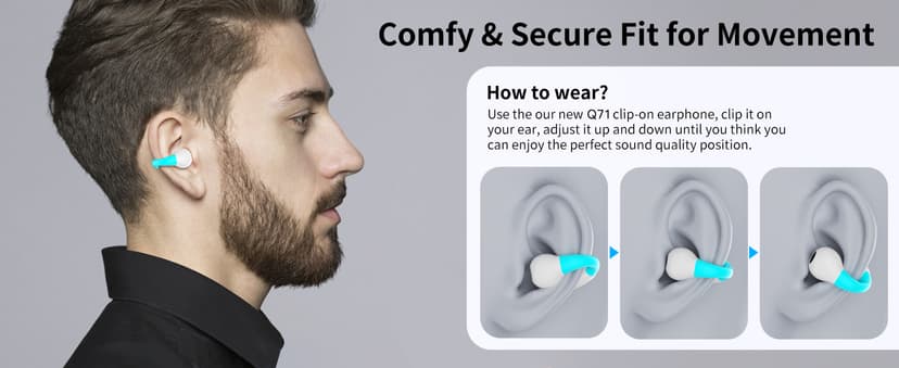 Clip On Earbuds, Bluetooth 5.3 Lightweight Comfort Bone Conduction Open Ear Headphones with LED Digital Display Charging Case Sport Built-in Mic IPX7 Waterproof for Running Fitness Android,Light Blue1