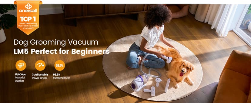 oneisall Dog Grooming Vacuum Kits: 15000Pa Shedding Brush with Grooming Tools, 3 Suction Low Noise, Pet Grooming Vacuum for Thick and Undercoat, 1.5L Dust Cup Dog Hair Vacuum, Home Cleaning, LM5