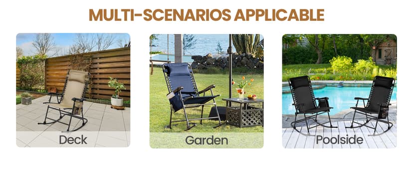 Yaheetech 26in Rocking Chair Outdoor Zero Gravity Folding Chairs Rocking Chairs Foldable Outdoor Reclining Lounge Chair for Outside Lawn with Cupholder/Pillow Ergonomic Design for Rest, Beige