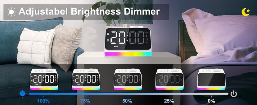JALL Digital Alarm Clock with FM Radio for Bedroom, 8 Colors Night Light with 2 Charging Port, Sleep Sound Machines with Timer, Dual Alarm, Loud Alarm and Easy to Use for Seniors and Kids as Gift