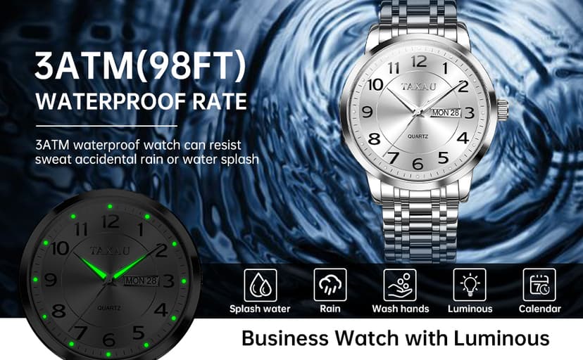 Taxau Watches for Men Stainless Steel Waterproof Two Tone Luxury Casual Silver Wrist Watch Quartz Analog Business Big Face Classic Dress Mens Watches with Day Date