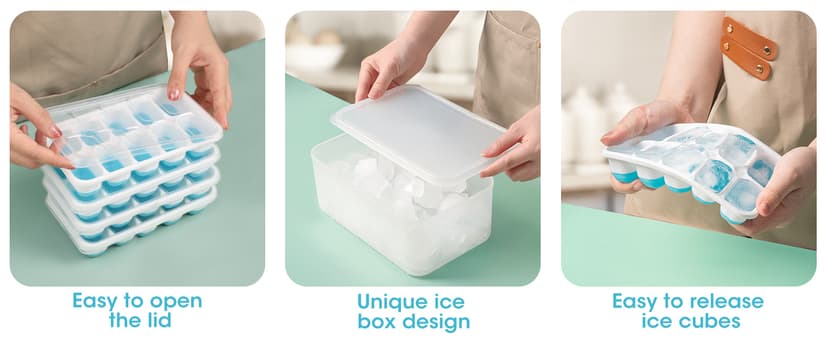 DOQAUS Ice Cube Tray with Lid and Bin - 4 Pack Silicone Ice Cube Trays for Freezer, Stackable Ice Bucket Kits with Storage Container & Scoop for Kitchen, RV, Cocktail, Coffee