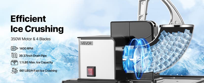 VEVOR Commercial Ice Crusher 661LBS/H, 350W Electric Snow Cone Machine with 4 Blades, 2000RPM Stainless Steel Shaved Ice Machine with 11 Gal Crushed-Ice Box, for Family Restaurants Bars, Black