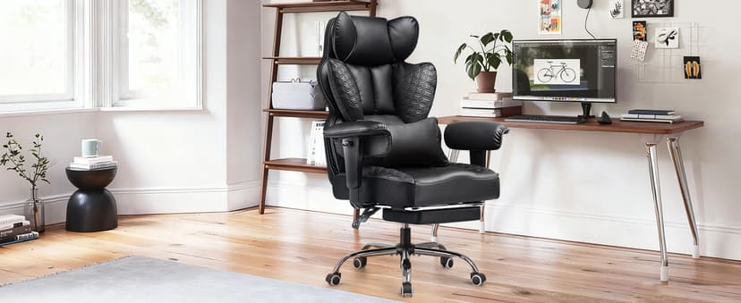 COMHOMA Big and Tall Office Chair Heavy Duty Gaming Chair with Deluxe Embossing Leather High Back Wider Ergonomic Computer Chair with Foot Rest 150°Reclining Pocket Spring Lumbar Support
