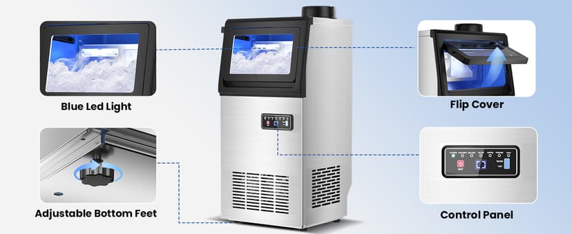 Nugget Ice Maker Machine Commercial, 80lbs/24h Undercounter Sonic Ice Machine with 20lbs Storage Bin & Dual Water Inlet, Chewable Pellet Ice for Restaurant Bar Home, Stainless Steel
