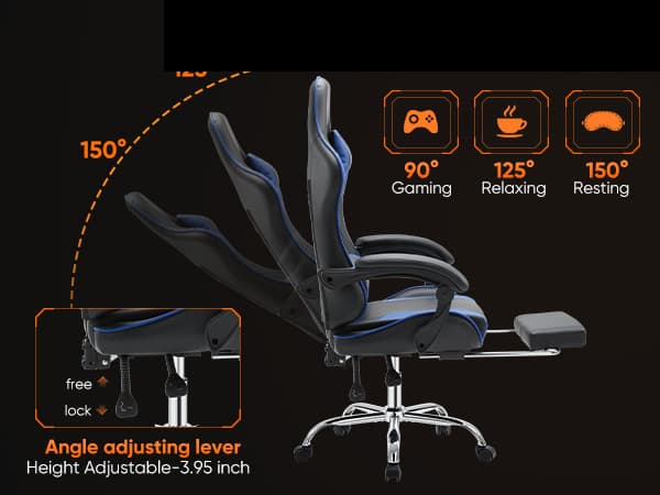 DUMOS Ergonomic Gaming Office Desk Chair with Linkage Armrests for Adults, Height Adjustable Computer Chair with Footrest and Headrest, PU Leather 360° Swivel Recliner with Lumbar Support, Deep Blue