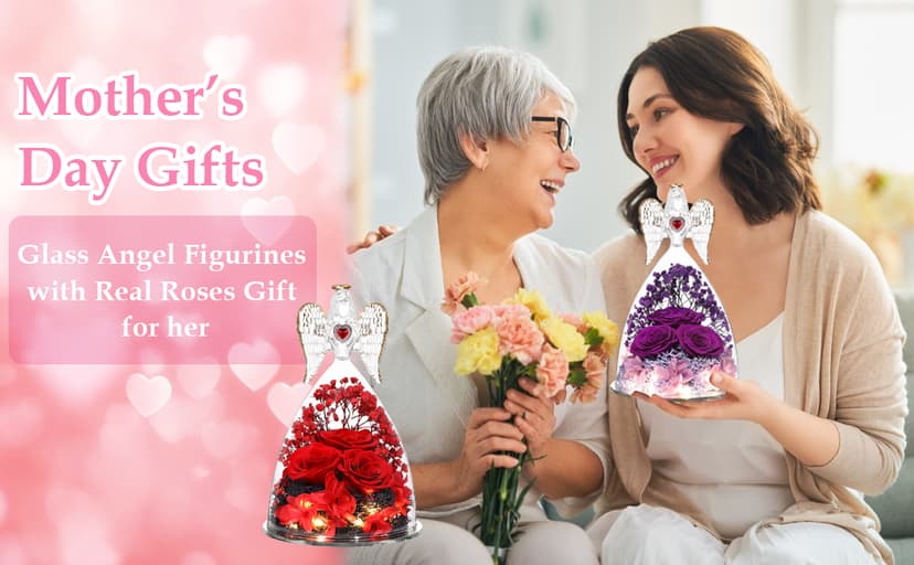 Mothers Day Rose Gifts for Women, Large Angel Figurines with Real Roses, Preserved Real Flower Rose for Her - Red