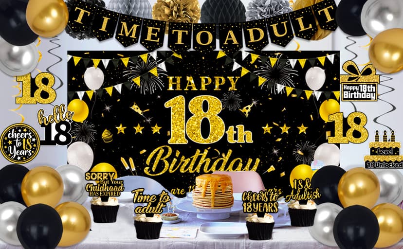 18th Birthday Decorations for Boys Girls, Black Gold Happy 18th Birthday Party Decorations, Time To Adult Birthday Banner, Backdrop, Balloons, Hanging Swirls, BIrthday Cards, Cake Topper, Pompom 52pcs