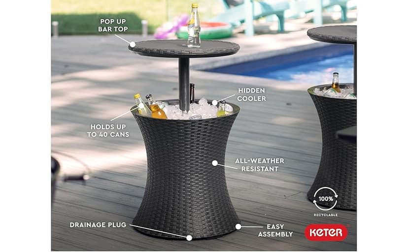 Keter Pacific Cool Bar Outdoor Patio Furniture and Hot Tub Side Table with 7.5 Gallon Beer and Wine Cooler, Espresso Brown