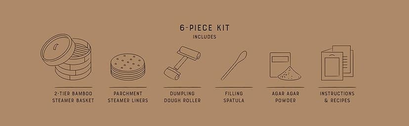 Cooking Gift Set Co. Bamboo Steamer Basket Soup Dumpling Kit - 2 Tier 8-Inch Dumpling Steamer for Cooking with Agar Agar, Roller, Spoon, Liners, Recipes & Step-by-Step Video (6-Piece Set)