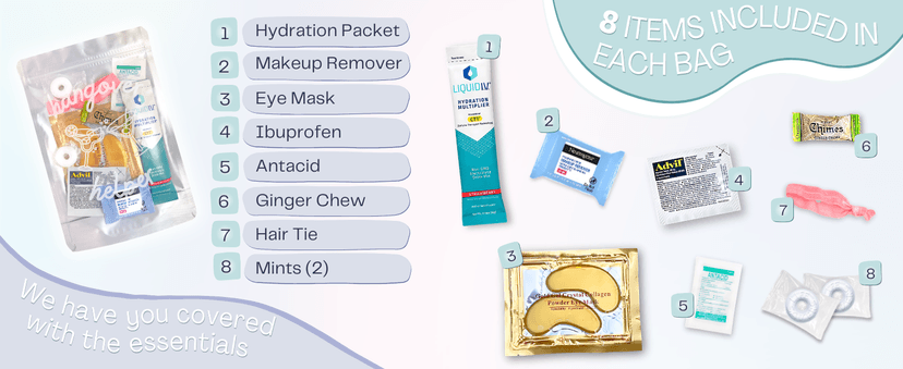 Hangover Kit (1 Pack) Pre Filled Party Favors, Goodie Bags, Gift for Bachelorette, Wedding, 21st Birthday, Girls Trip and All Celebrations