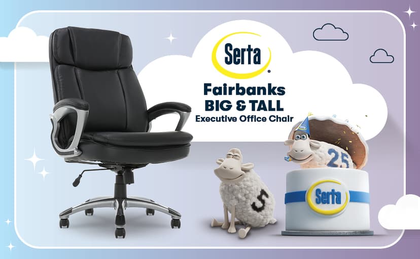 Serta Fairbanks Big and Tall Executive Office Chair - Ergonomic High Back Computer Desk Chair with Lumbar Support, Memory Foam Seat Cushion, Padded Armrests, Bonded Leather, 350 lb Capacity - Black