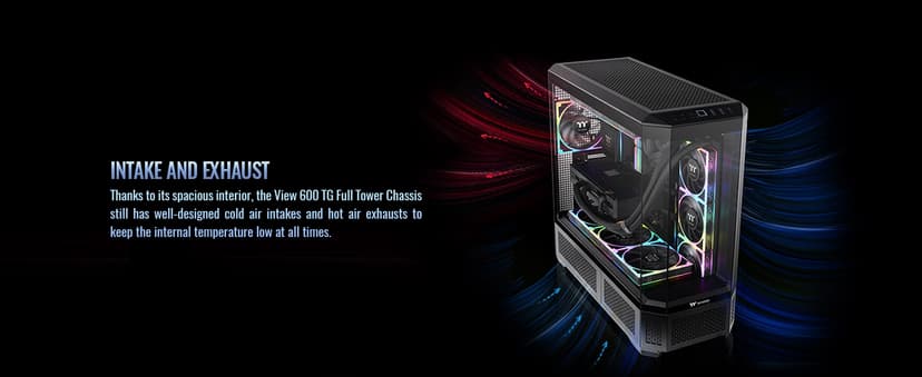 Thermaltake View 600 TG; Full Tower; 420mm Radiator Support; 480mm GPU Clearance; Hidden Connector Support; Rotatable PCIe Slots; 220mm PSU Clearance; Black; CA-11H-00F1WN-00