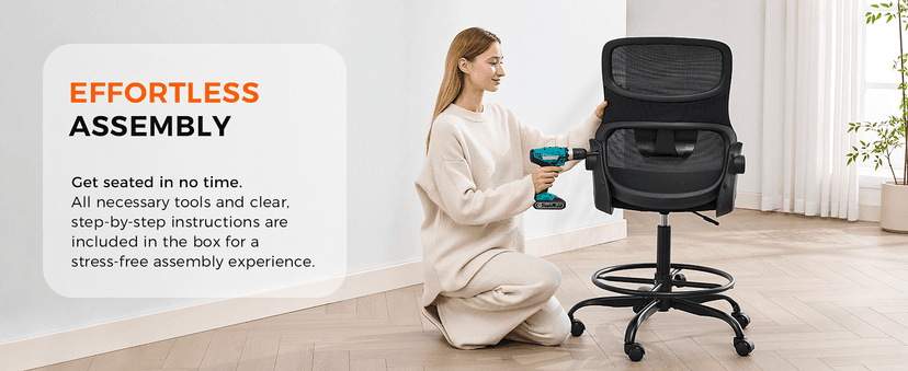 Drafting Chair Armless, Tall Office Chair with Adjustable Foot Ring and Lumbar Support, Ergonomic Mesh High Desk Chair for Standing Desk, Black