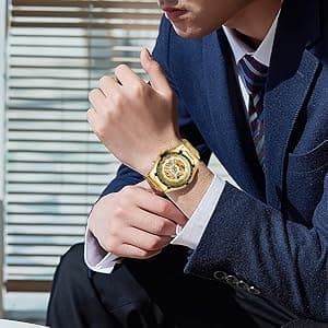 FANMIS Classic Mens Skeleton Automatic Mechanical Watches Luxury Carving Flower Craft Watch with Stainless Steel Waterproof Bracelet Wrist Watch