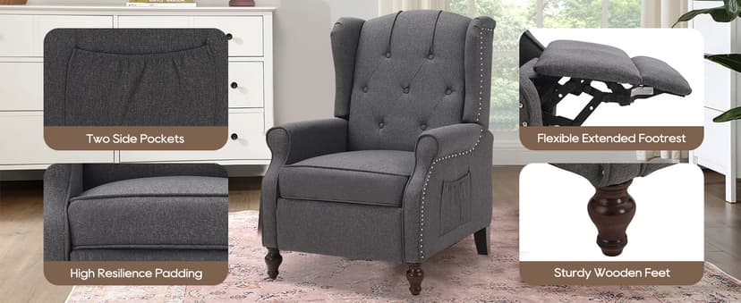 Wingback Recliner Chair with Massage and Heat, Wingback Recliner Tufted Fabric Push Back Recliner Chair for Living Room, Vintage Wingback Chair with Remote Control, Padded Cushion, Wooden Legs