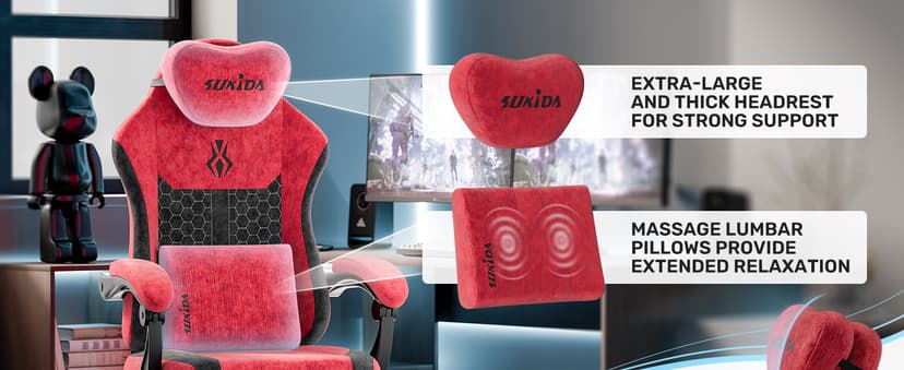 SUKIDA Fabric Video Gaming Chair, Ergonomic High-Back Computer Game Chairs with Large Massage Adjustable Lumbar Support, Headrest and Linked Armrests for Long Hours Sitting Task Chair, Red