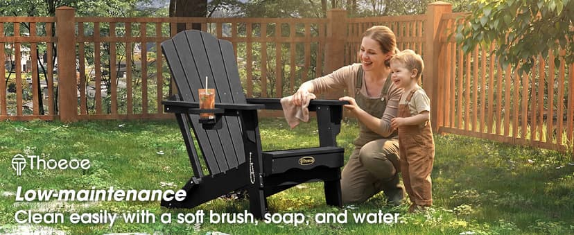 THOEOE Folding Adirondack Chair,HDPE All-Weather Outdoor Chair with Cup Holder,Wooden Textured,Fire Pit Chair,Plastic Patio Chair for Deck,Backyard,Garden,Lawn, Black