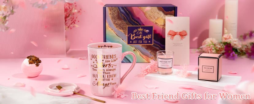 Best Friend Birthday Gifts for Women, Unique Friendship Gifts Ideas for Bestfriend, Female Besties, BFF Sister, 14oz Pink Marble Coffee Cup with Lid Spoon Card, Box, Best Friends Gift Basket Set of 6
