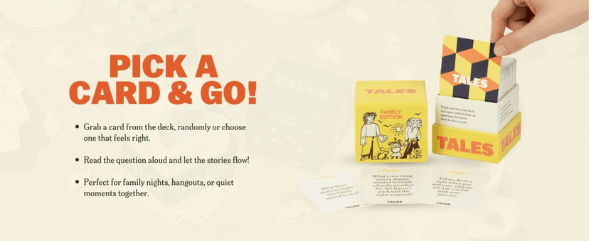 TALES 150 Conversation Cards, Family Edition, Perfect for Family Games for Adults, Teens, and Kids, Family Dinners, Game Nights, Gifts, Holidays, and Gatherings, Prompts for Meaningful Connections
