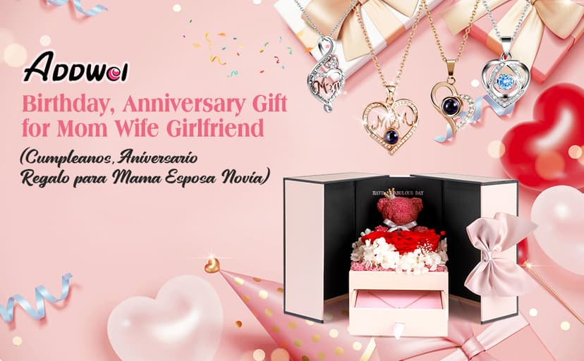 ADDWel Birthday Gifts for Mom from Daughter and Son, Unique Mother Birthday Gift Idea, Preserved Real Roses with I Love You in 100 Languages Mom Necklace, Cool Present to Mother Mama