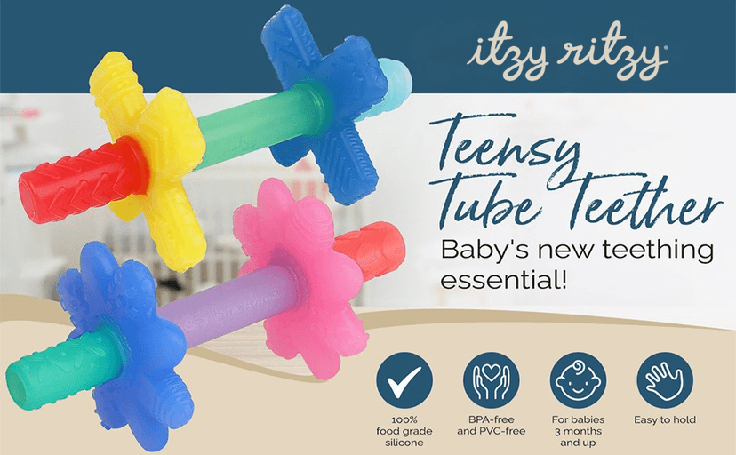 Itzy Ritzy Teensy Tube Teether – Textured Hollow Baby Teething Tube That Reaches Front Teeth & Back Molars, Made of Soft Silicone (Pink Rainbow)