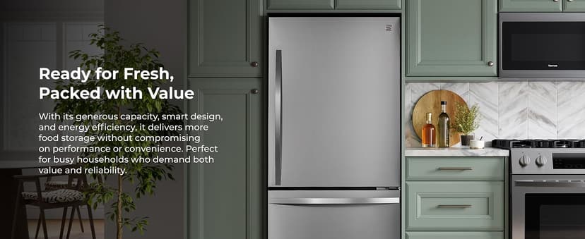 Kenmore 31" Bottom Freezer Refrigerator - Ice Maker, Adjustable Shelving, Crispers Drawers, LED Lighting, ENERGY STAR Certified, 22.3 cu. ft. Capacity, Fingerprint Resistant Stainless Steel