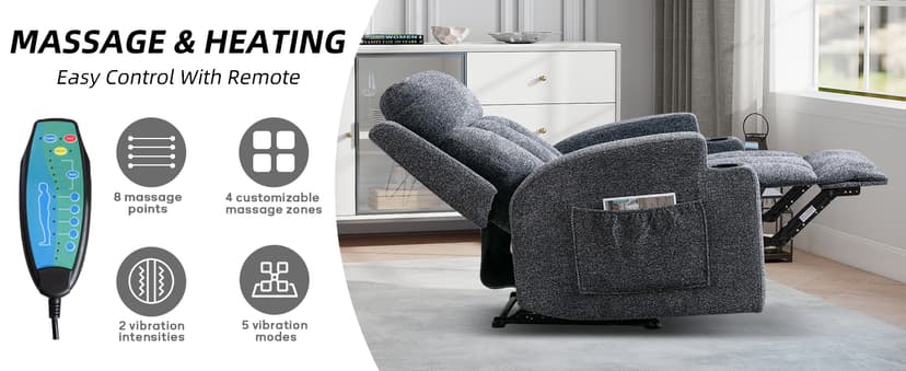 CANMOV Manual Recliner Chair with Massage and Heat, Soft Fabric Recliner Chair with Overstuffed Arm and Back, Manual Reclining Single Sofa with 2 Cup Holders, Side Pocket for Living Room, Dark Grey