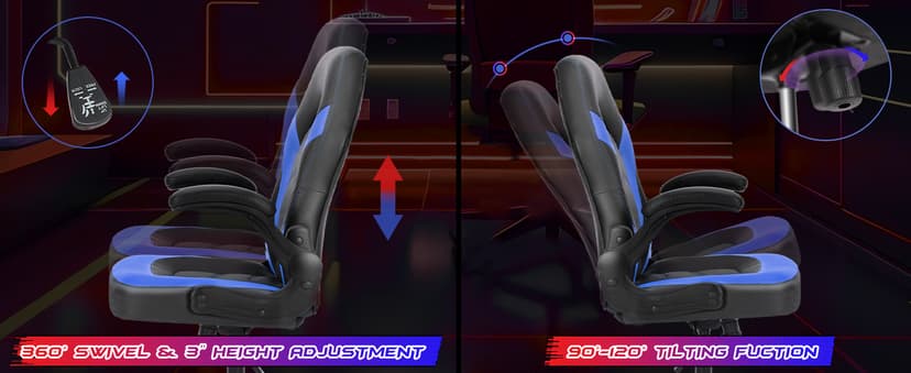 Sweetcrispy Computer Video Game Chair - Ergonomic Home Office with Comfy Lumbar Support, PU Leather Height Adjustable with Flip-up Armrest and 360° Swivel Wheels, Blue, for Adults, Teens