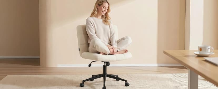 Furnimart Swivel Criss Cross Legged Chair with Wheels for Home Office, Wide Armless Desk Chair Height Adjustable Comfy Seat for Desk,Vanity, Bedroom, Faux Fur White