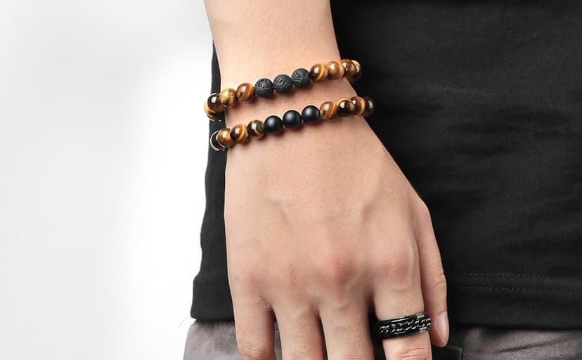 JoycuFF Gifts for Men Natural Tiger Eye Black Matte Agate Bracelets, Christmas Birthday Gifts for Boyfriend Husband Brother from Girlfriend Wife, To My Man Bead Bracelets