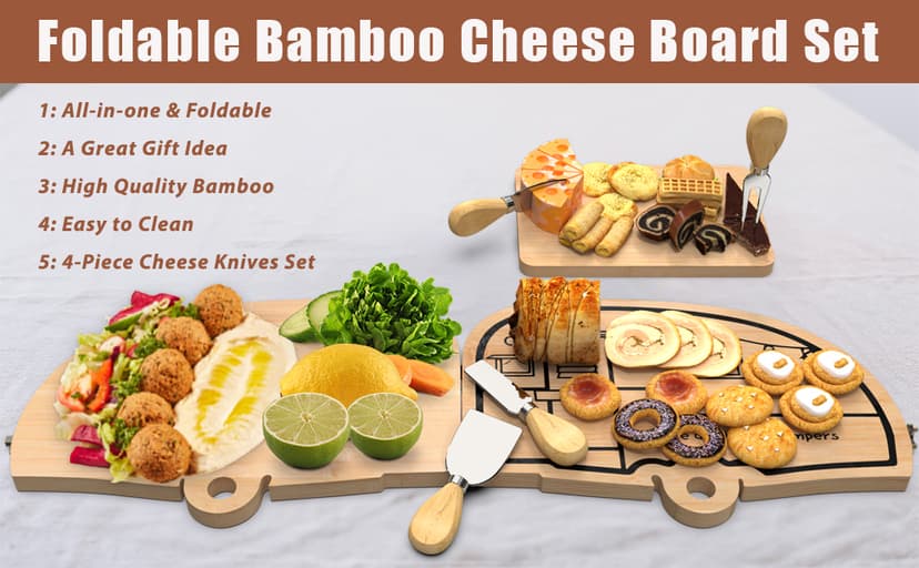 Unique Cheese Cutting Board Gift Set for Mom, House Warming, Wedding Gifts for Couples Bamboo Charcuterie Board Set - Foldable Serving Tray with Utensils B0C741CVFV