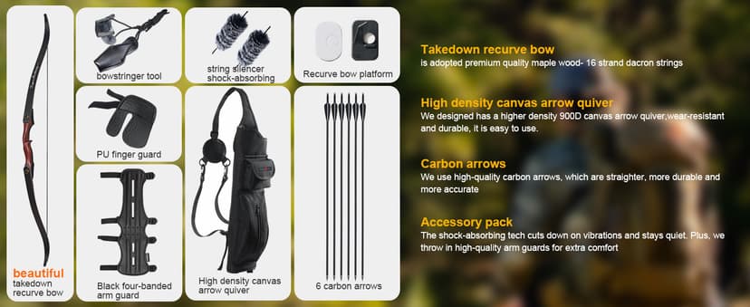 TOPARCHERY Archery 60" Takedown Hunting Recurve Bow and Arrow Set for Adults Practice Competition Longbow Kit 30-50lbs with 6pcs Arrows Right Hand Black