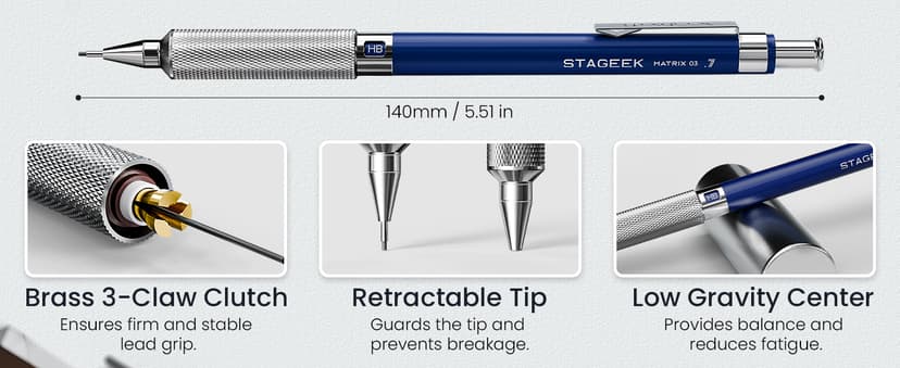 STAGEEK 0.7 mm Mechanical Pencil, Metal Art & Drafting Pencil with Eraser and 60 HB Lead Refills, Professional Drawing Pencil for Artists, Students, School, Office, Writing, Sketching, Drafting(Blue)