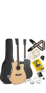 Pyle Cutaway Acoustic Electric Guitar and Amp Kit, 4/4 Full Size Spruce Wood Body with 10W Amplifier, Gig Bag, Strap, Extra Steel Strings, Picks, Cable, for Beginners and Adults, Natural