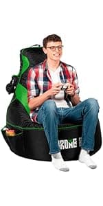 Throne Boss Gaming Bean Bag Chair Cover for Adults with High Back, Red – Large Floor Gaming Chair Cover, Easy to Clean Fabric, Large Pockets, Headphone Hanger, Requires 350 Liters Polystyrene Beans