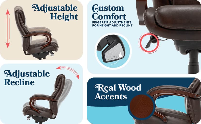 La-Z-Boy® Bellamy Executive Office Chair with Memory Foam Cushions, Real Wood Arms and Swivel Base, Waterfall Seat Edge, Faux Bonded Leather, Brown