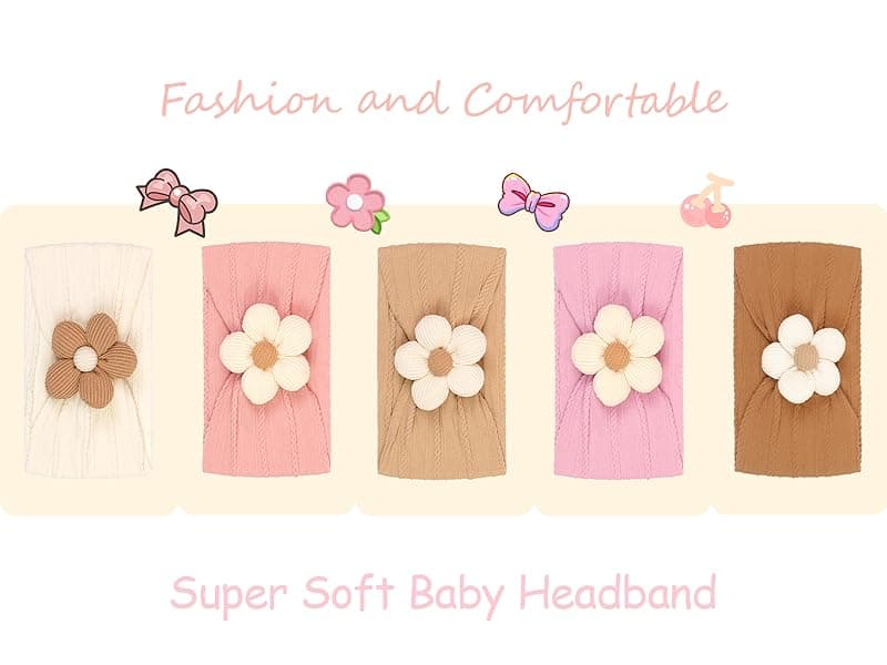 CÉLLOT 5 Pcs Baby Flower Headbands Baby Girls Nylon Headbands Soft Hairbands Hair Accessories for Newborn Infant Toddler Kids