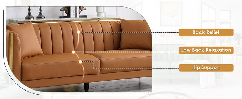 FOTOSOK 78'' Couch Sofa, Modern Leather Couches for Living Room, Comfy, Faux Leather Sofa 3 Seater Sofa with 2 Throw Pillows and Gold Metal Legs, Deep Seat Sofas (Brown)