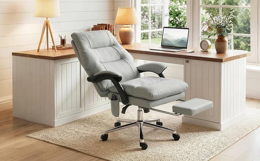 HOMCOM Massage Office Chair with 6-Point Vibration, Pet-Friendly Faux Leather Ergonomic Executive Desk Chair with Double-Layer Spring Cushions, Wide Seat, High Back, Reclining, Footrest, Light Gray