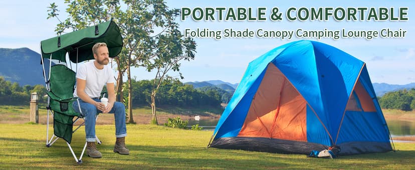 Portable Camping Chair with Canopy Shade - Folding Lounge Chair with Cup Holder & Side Pocket for Outdoor Camping, Fishing, Beach - Support 330 LBS - Green