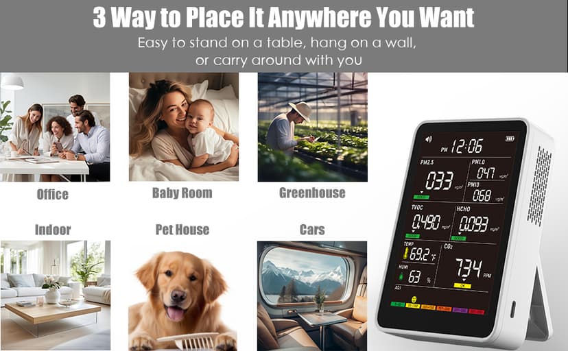Professional Indoor Air Quality Monitor with AQI Alerts, Portable Real-Time Detector for Home, Car, Plants & Pet (Milk White)